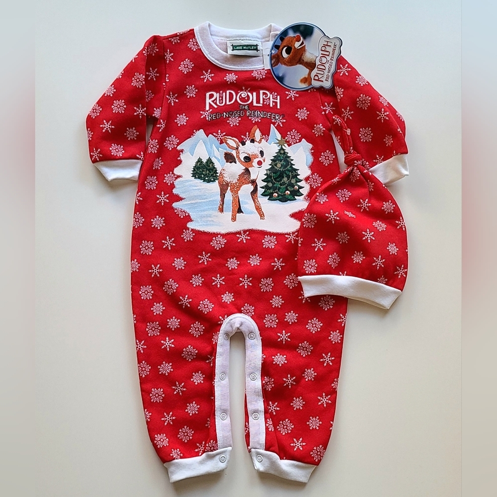 ~Vintage~ Y2K Rudolph The Red Nose Reindeer Romper 18 M Red Two Piece/Hat New
